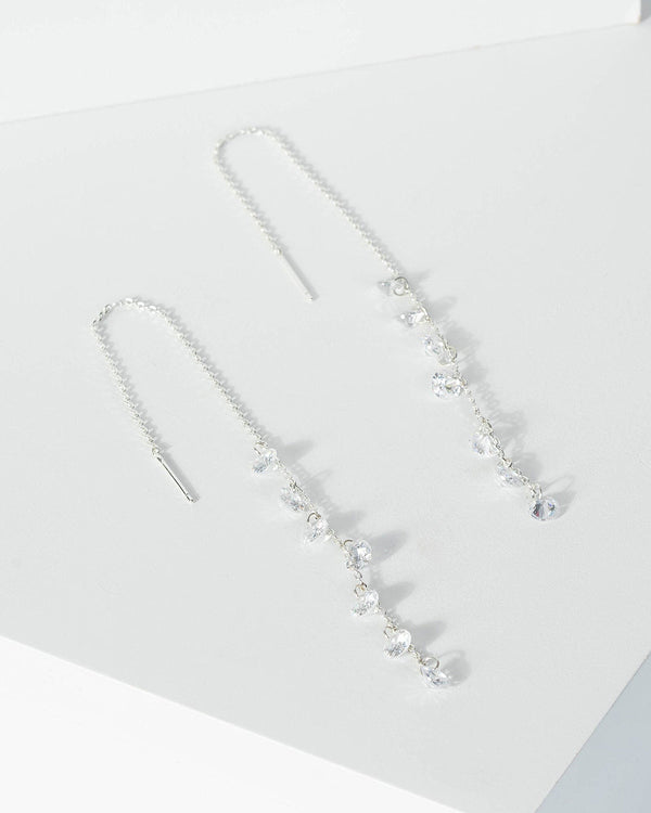 Silver Cubic Zirconia Crystal Chain Threader Earrings | Earrings