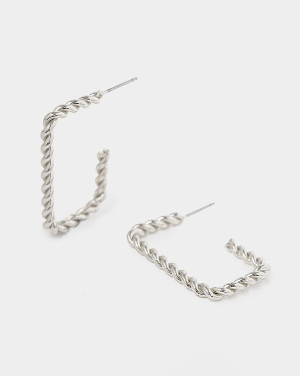 Silver Open Twisted Regtangle Hoop Earrings