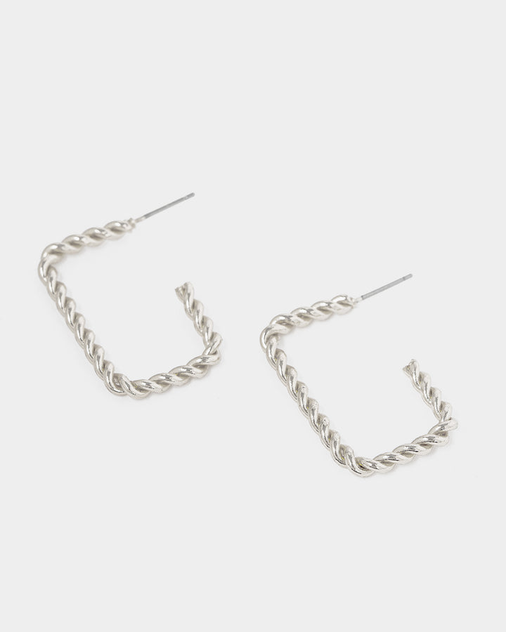 Silver Open Twisted Regtangle Hoop Earrings
