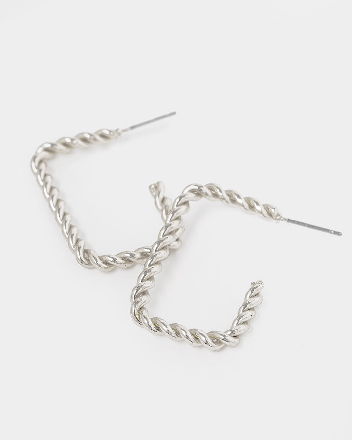Silver Open Twisted Regtangle Hoop Earrings