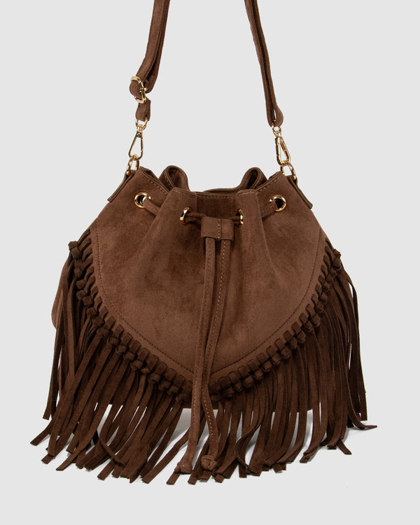 Chocolate Giselle Fringe Bucket Bag