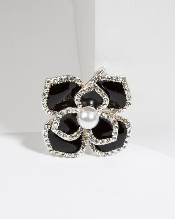 Colette by Colette Hayman Black Crystal And Pearl Flower Brooch