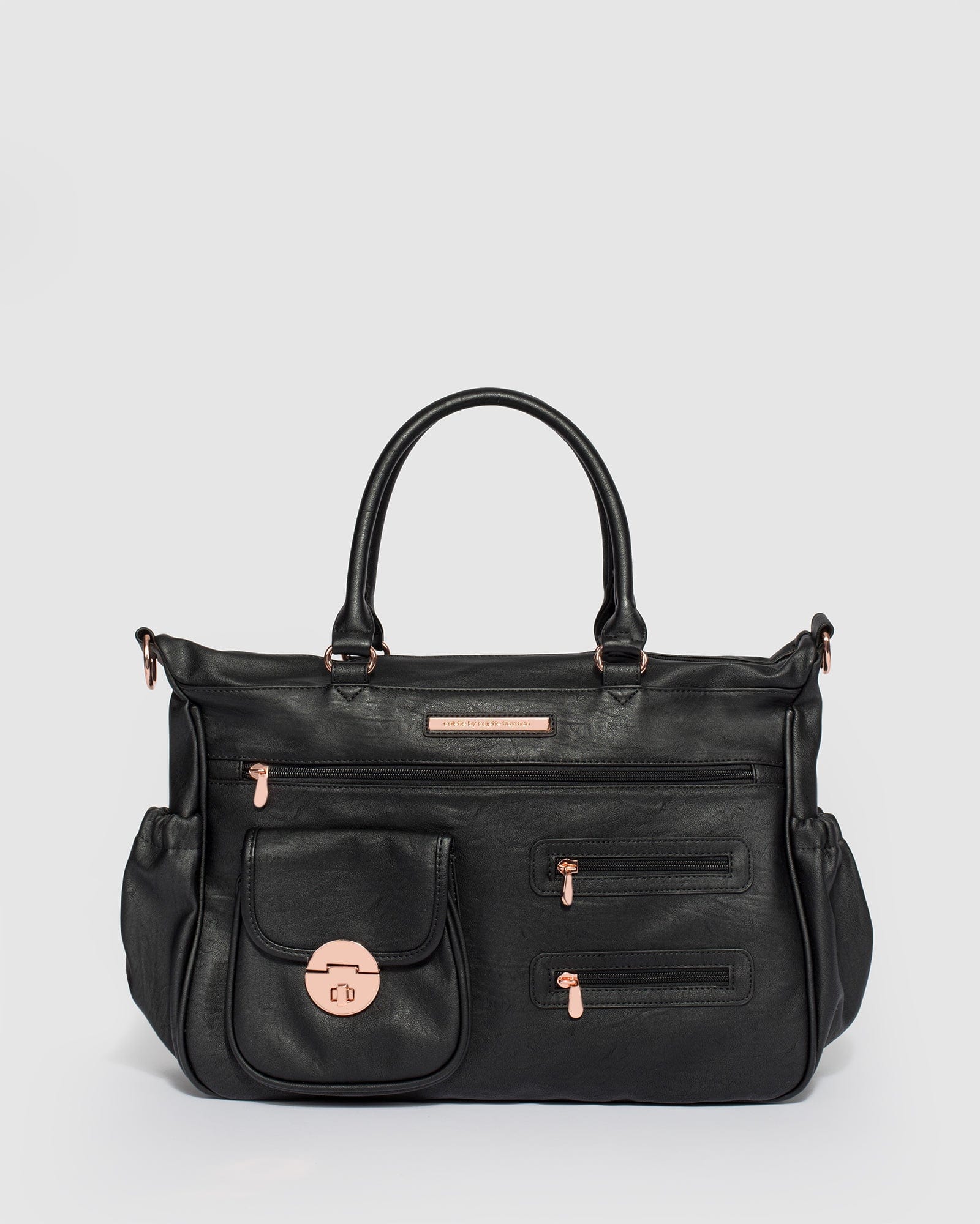 black pocket and zip baby bag with rose gold hardware 29691707162696
