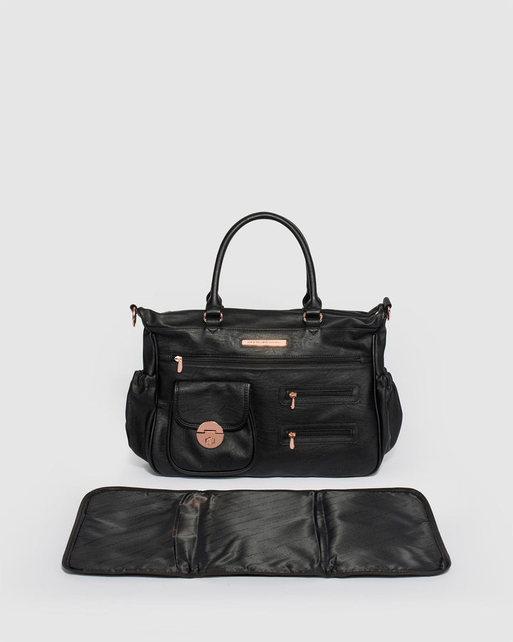 Colette by Colette Hayman Black  Pocket And Zip Baby Bag With Rose Gold Hardware