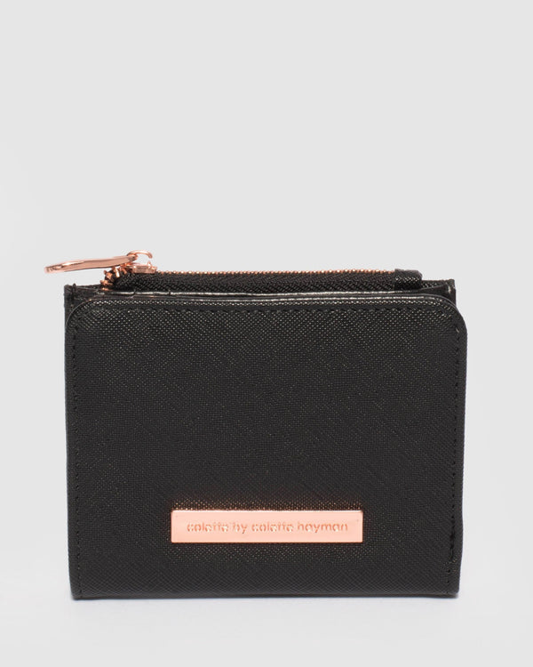 Colette by Colette Hayman Black Saffiano Han Mini Wallet With Rose Gold Hardware