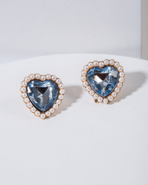 Colette by Colette Hayman Blue Crystal And Pearl Heart Stud Earrings