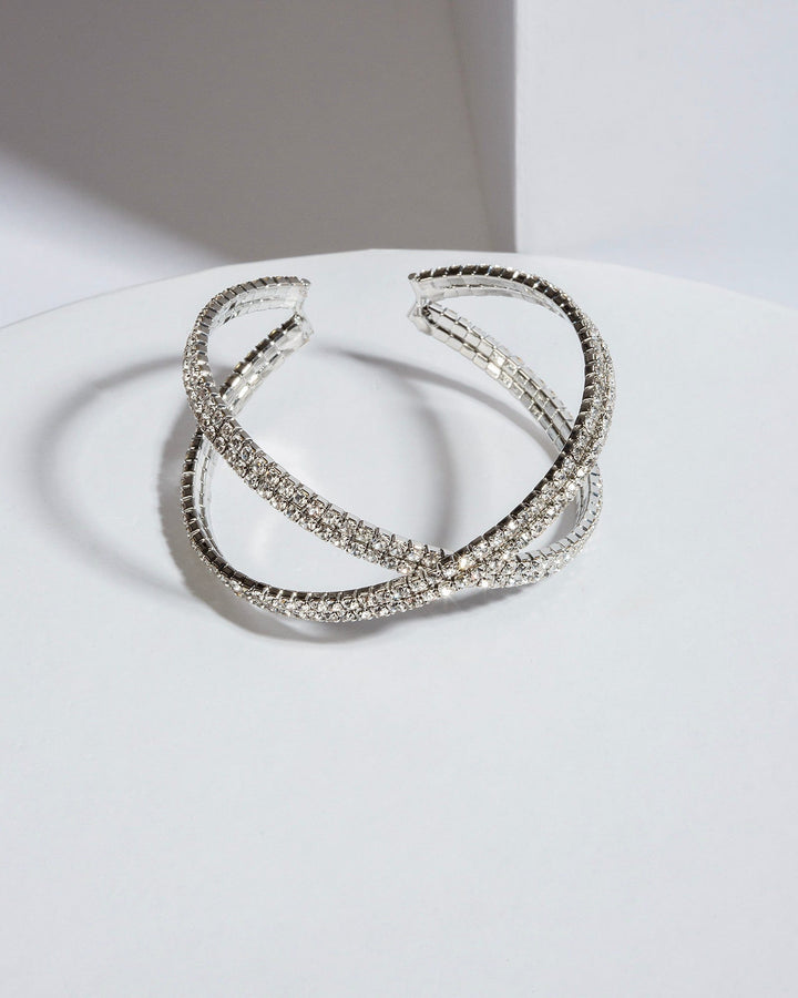 Colette by Colette Hayman Crystal Crossover Double Row Cuff Rhodium Bracelet