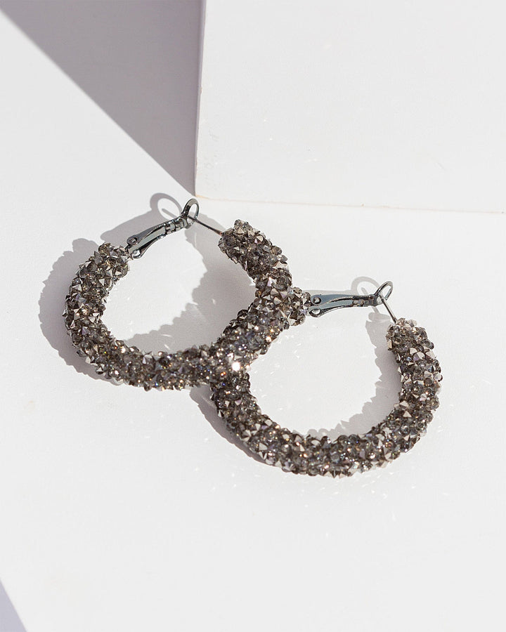 Colette by Colette Hayman Gunmetal Crushed Crystal Hoop Earrings