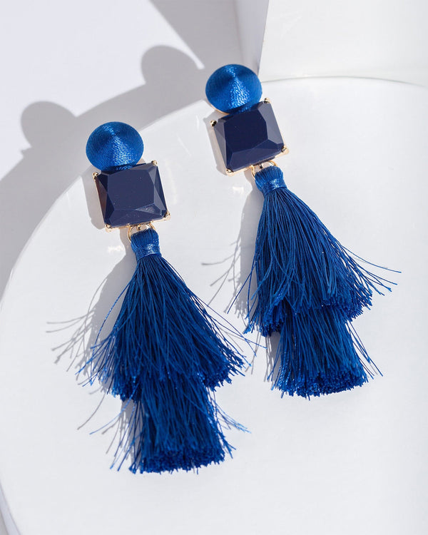 Colette by Colette Hayman Navy Blue Double Tassel Drop Statement Earrings