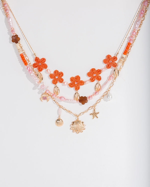 Colette by Colette Hayman Orange Crochet Beaded Lay Earrings Necklace