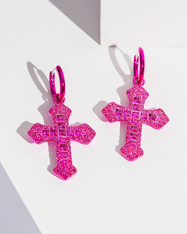 Colette by Colette Hayman Pink Crystal Cross Hoop Earrings