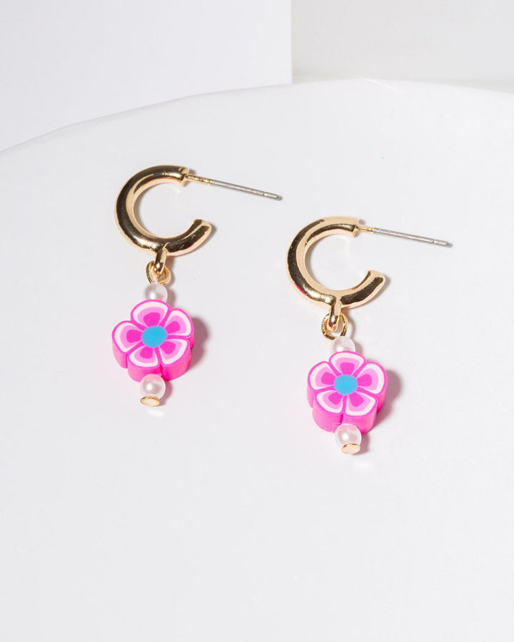 Colette by Colette Hayman Pink Flower & Pearl Charm Hoop Earrings