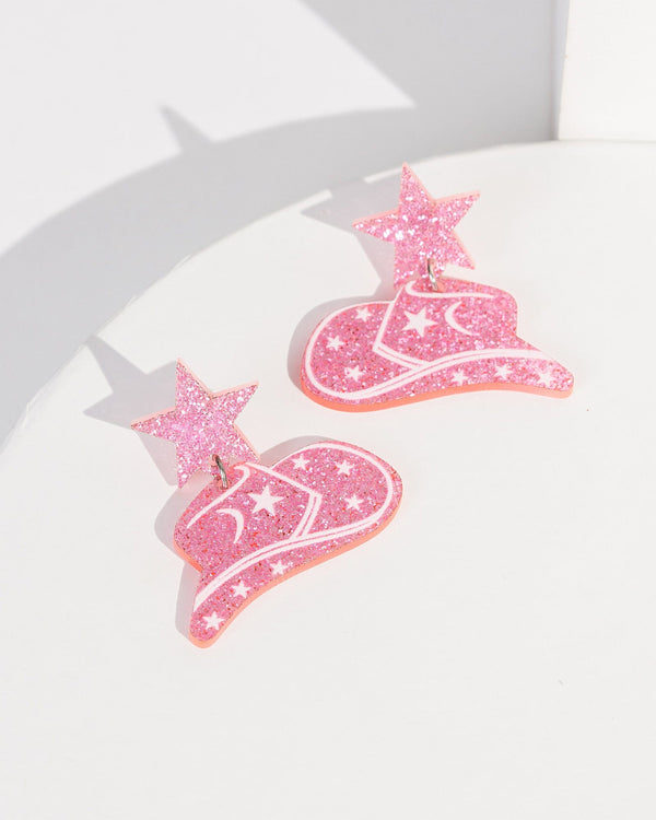 Colette by Colette Hayman Pink Glitter Cowboy Hat Star Drop Eearrings