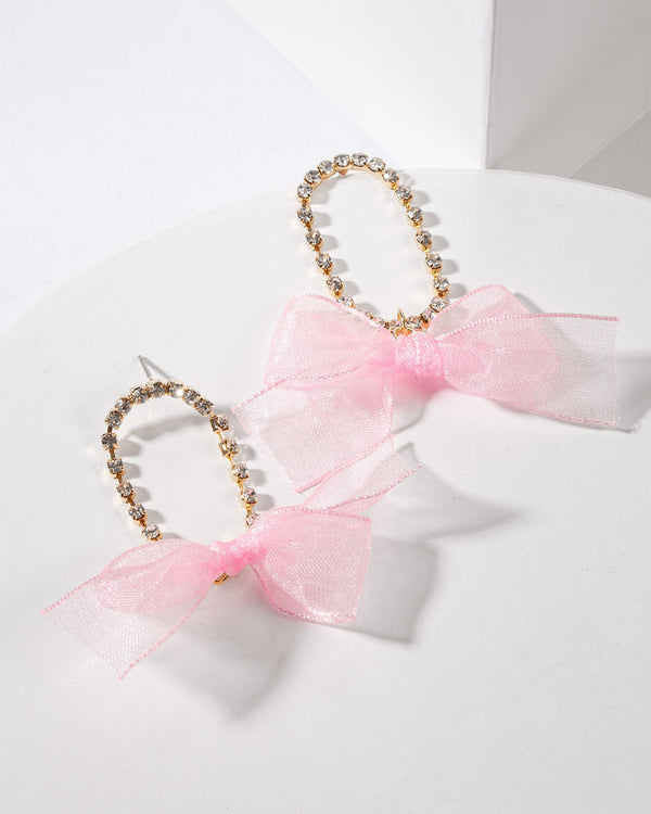 Colette by Colette Hayman Pink Ribbon Bow And Round Crystal Drop Earrings