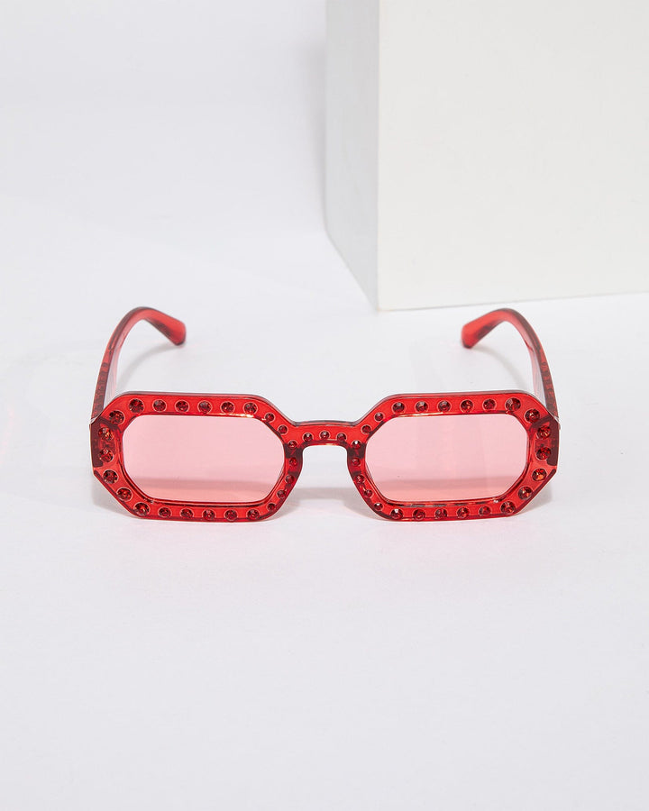 Colette by Colette Hayman Red Hexagon Embellished Sunglasses