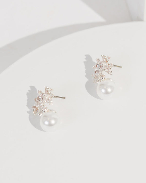 Colette by Colette Hayman Silver Cubic Zirconia Cluster Pearl Stud Earrings