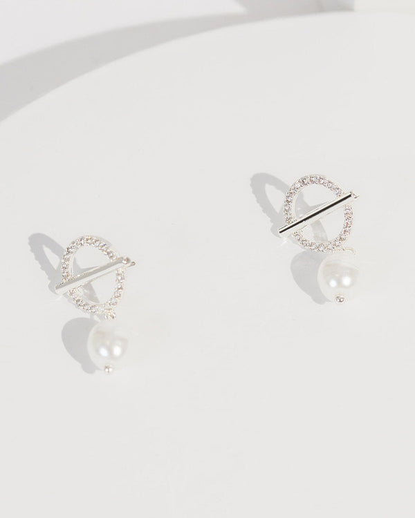 Colette by Colette Hayman Silver Cubic Zirconia Metal Bar Pearl Earrings