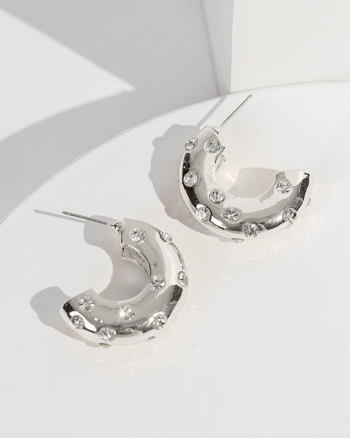 Colette by Colette Hayman Silver Diamond Studded Chunky Hoop Earrings