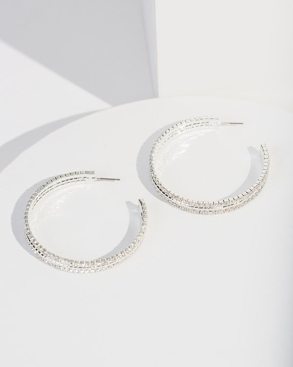 Colette by Colette Hayman Silver Double Row Crystal Hoop Earrings