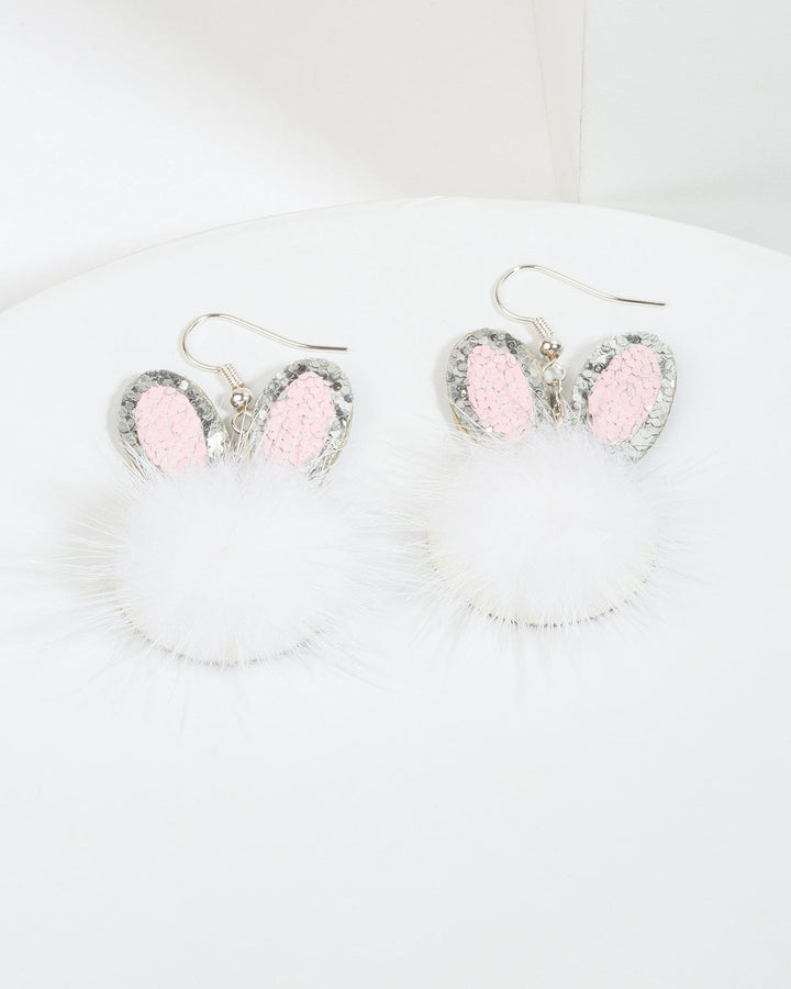 Colette by Colette Hayman White Fluffy Bunny Glitter Ears Hook Drop Earrings