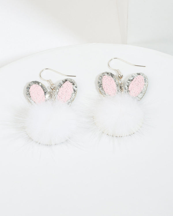 Colette by Colette Hayman White Fluffy Bunny Glitter Ears Hook Drop Earrings