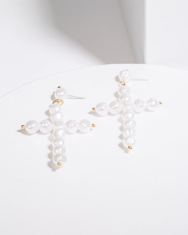 Colette by Colette Hayman White Pearl Cross Statement Earrings