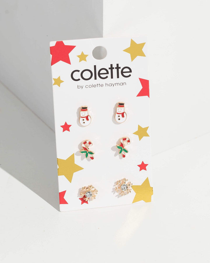 3 Pack Snowman And Candy Cane Stud Earrings | Earrings