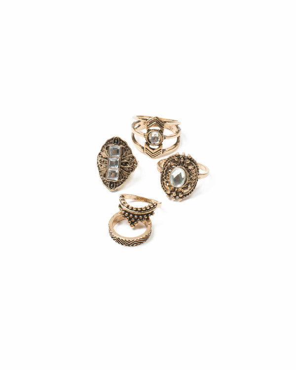 Colette by Colette Hayman Antique Gold Tone Statement Stone Ring Pack - Medium/Large