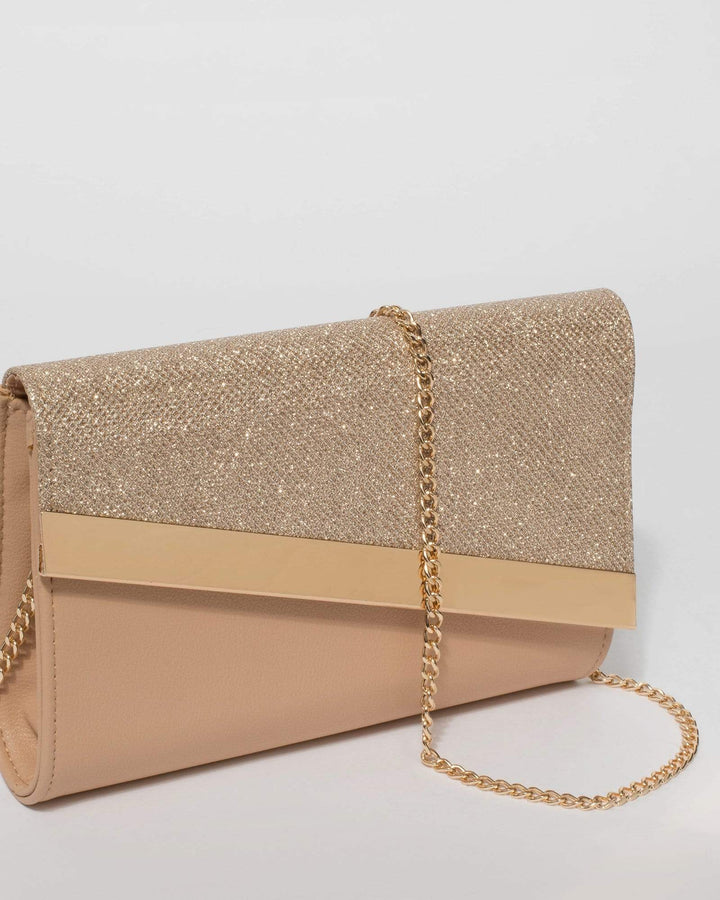 Beige and Gold Tessa Diagonal Clutch Bag | Clutch Bags