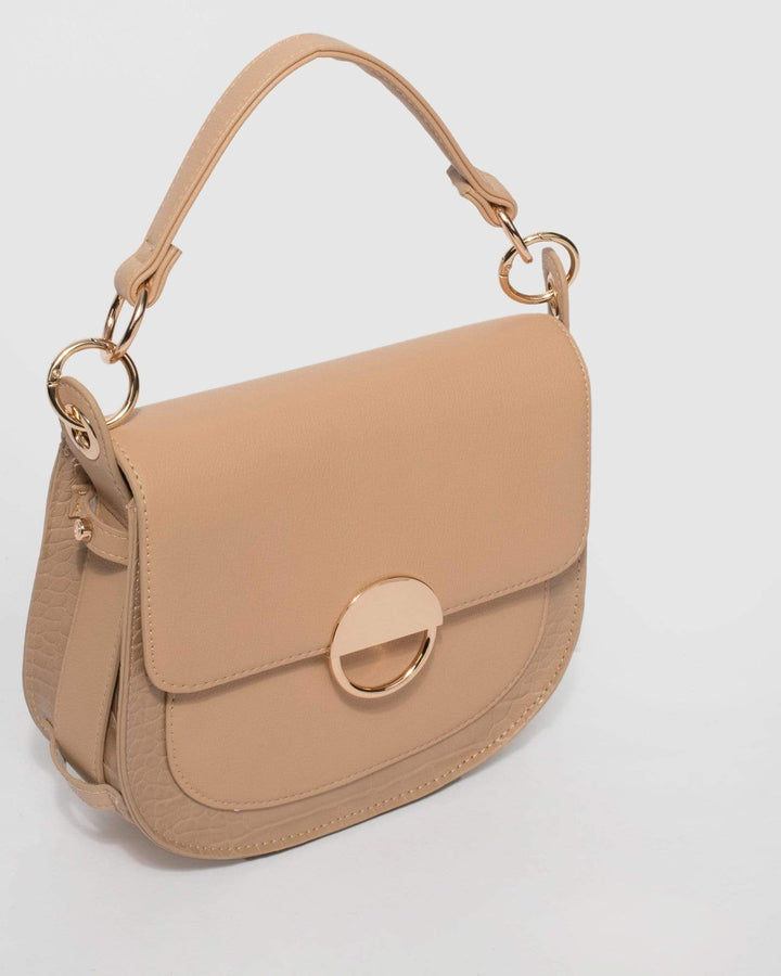 Beige Claire Mixed Media Saddle Bag | Crossbody Bags