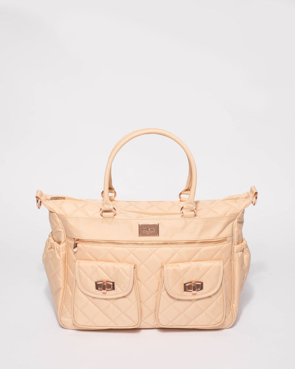 Beige Quilted Baby Bag With Rose Gold Hardware | Baby Bags