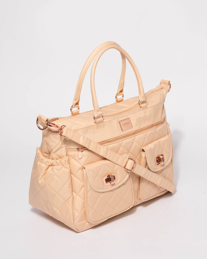 Colette by Colette Hayman Beige Quilted Baby Bag With Rose Gold Hardware