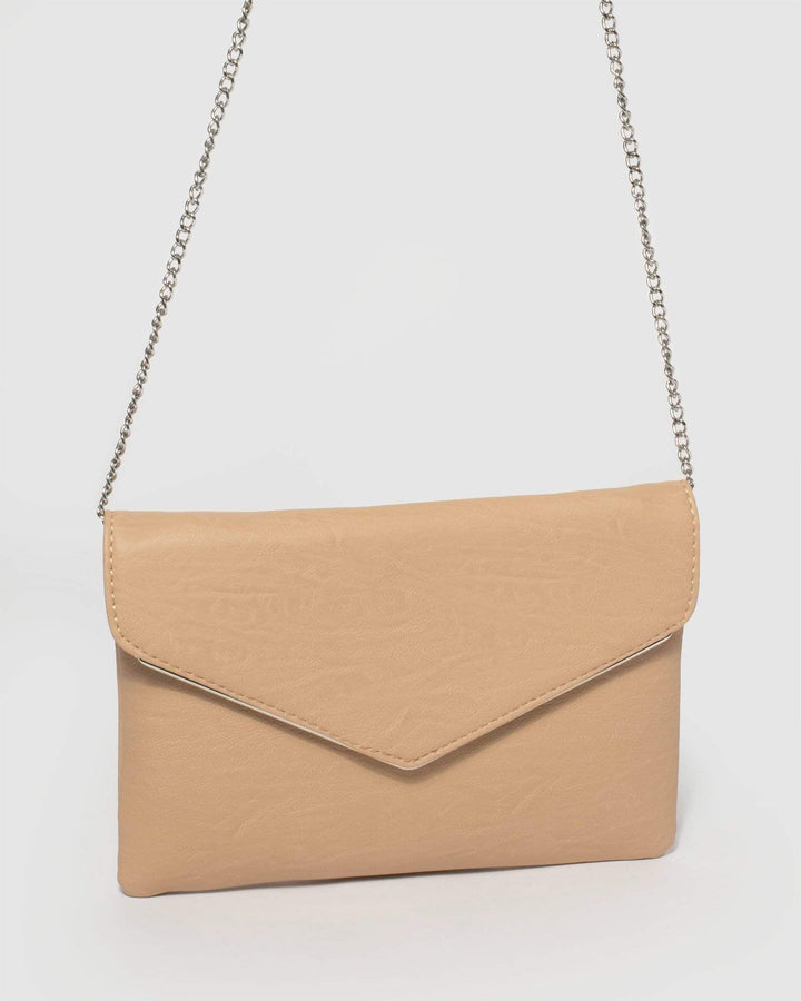 Beige Smooth Samantha Clutch Bag With Silver Hardware | Clutch Bags