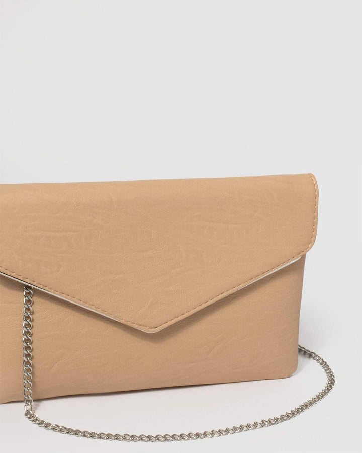 Beige Smooth Samantha Clutch Bag With Silver Hardware | Clutch Bags
