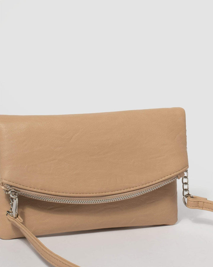 Beige Smooth Zoe Foldover Clutch Bag With Silver Hardware | Clutch Bags