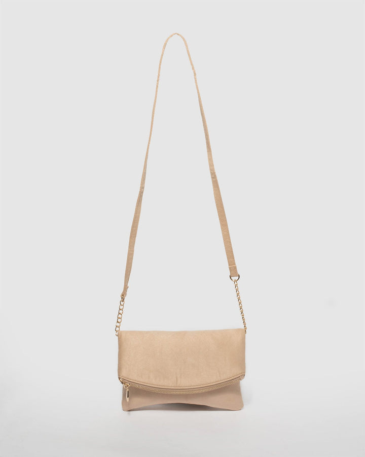 Beige Suedette Zoe Fold Over Clutch Bag With Gold Hardware | Clutch Bags