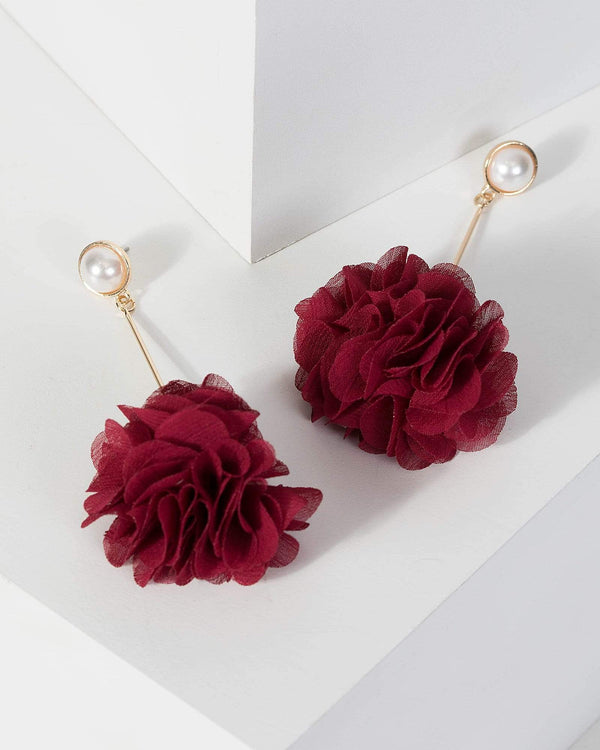 Berry Fabric Floral Drop Earrings | Earrings
