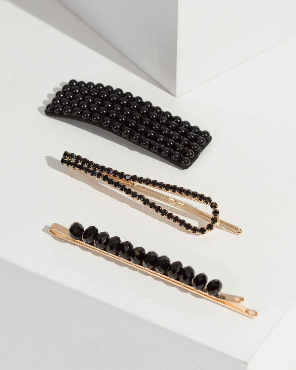 Black 3 Pack Crystal And Beads Hair Slides | Hair Accessories