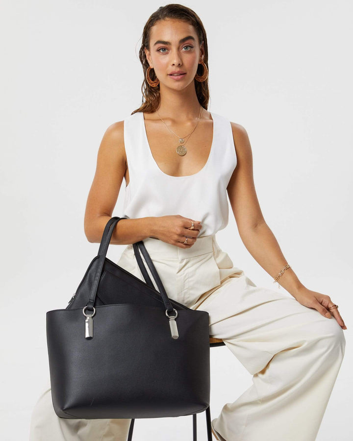 Black Angelina Tote Bag With Silver Hardware | Tote Bags