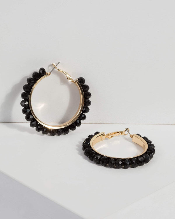 Black Bead Midi Hoop Earrings | Earrings