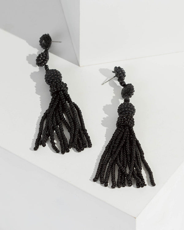 Black Beaded Detail Tassel Drop Earrings | Earrings