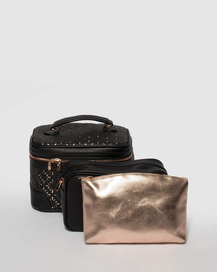 Black Cosmetic Case Pack With Rose Gold Hardware | Cosmetic Cases