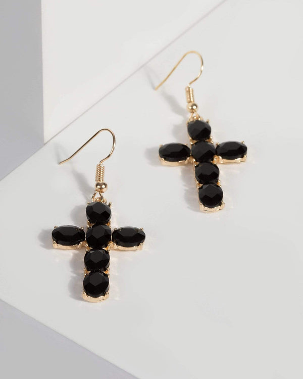 Black Cross with Stone Drop Earrings | Earrings