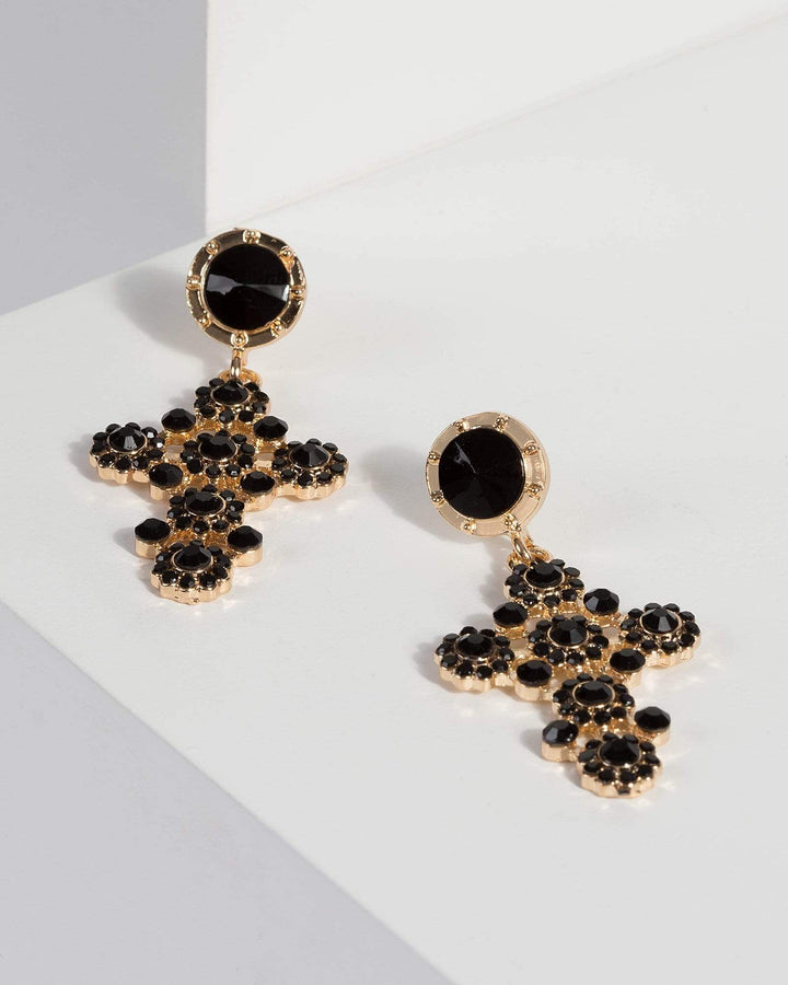 Black Crystal Cross Drop Earrings | Earrings