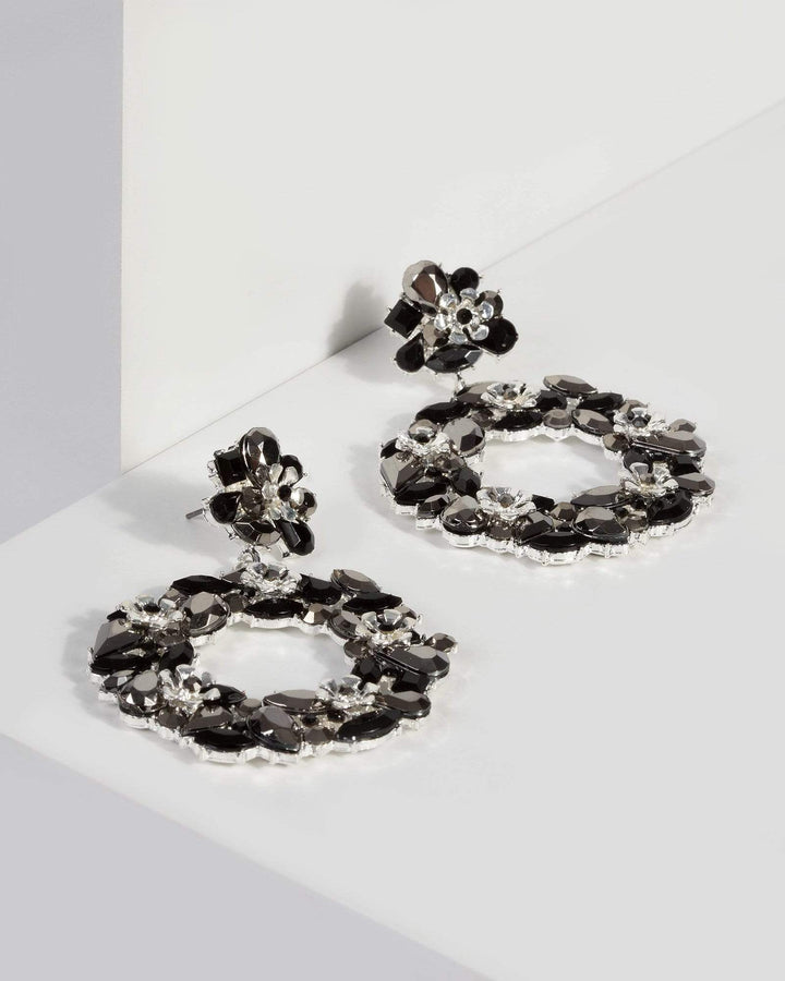 Black Crystal Encrusted Flower Drop Earrings | Earrings