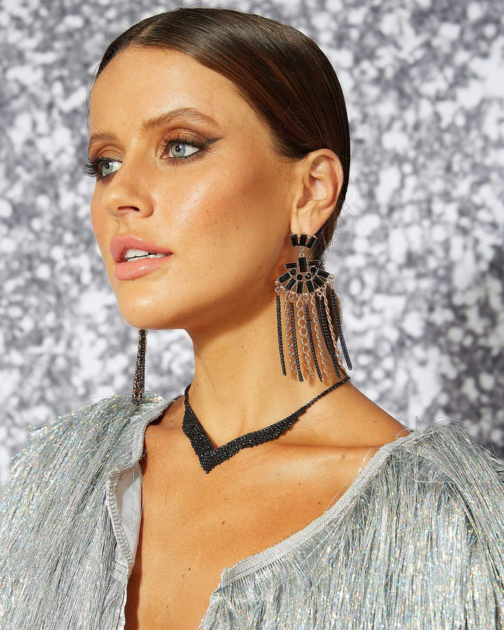 Colette by Colette Hayman Black Crystal Fan Detail Chain Drop Earrings