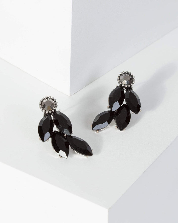 Black Crystal Leaf Stud Earrings | Earrings