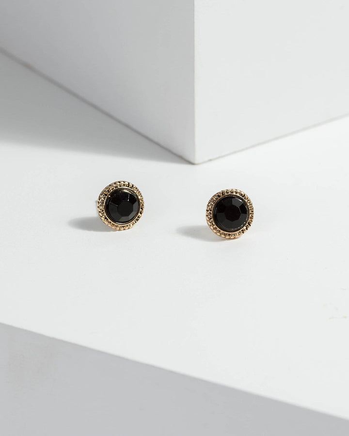 Black Crystal With Round Metal Stud Earrings | Earrings