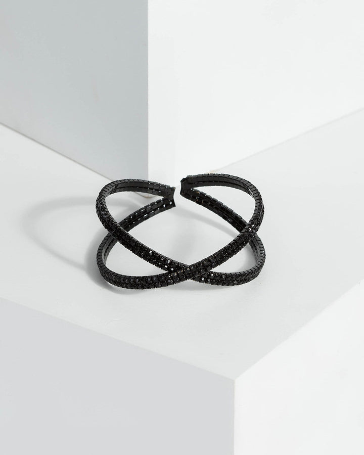 Black Diamante Crossover Detail Cuff Bracelet | Wristwear