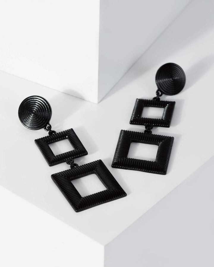 Black Disc Stud With Drop Squares Earrings | Earrings